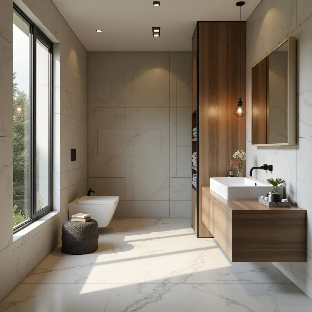 a photo of a modern bathroom showcasing tile, wood, and metal elements