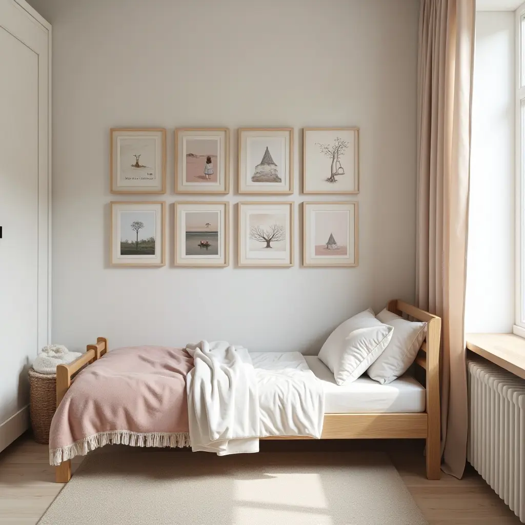 a photo of a small kids' bedroom with a gallery wall