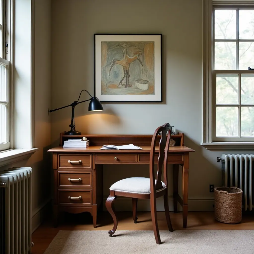 a photo of a study nook with a vintage desk and chair