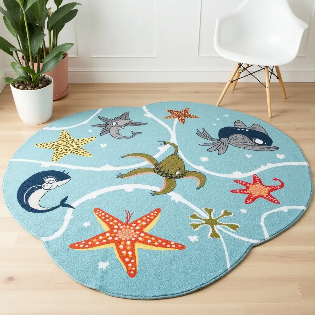 a photo of a rug with friendly sea creatures for an ocean-themed room