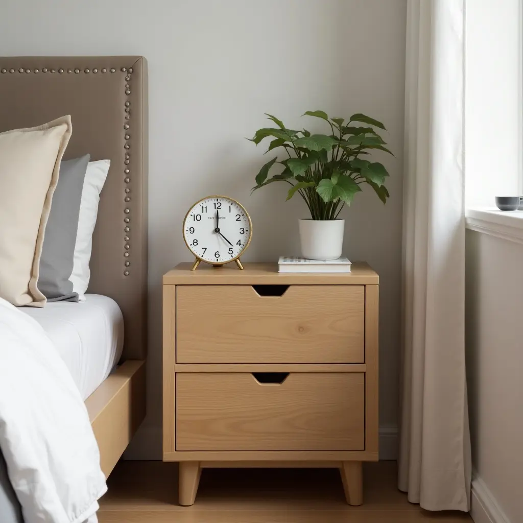 a photo of a wooden nightstand with a plant and clock in a teen's bedroom