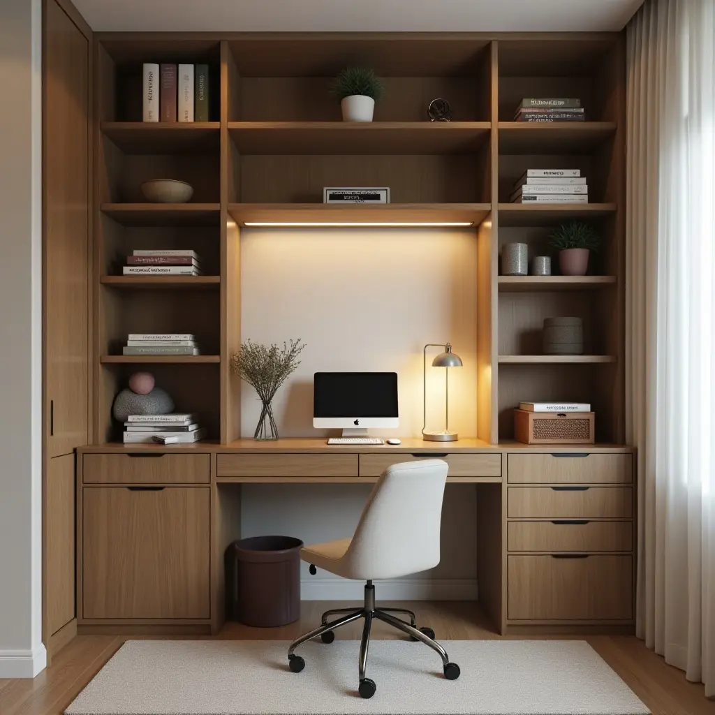 a photo of a stylish desk area with integrated shelving for a teen's bedroom