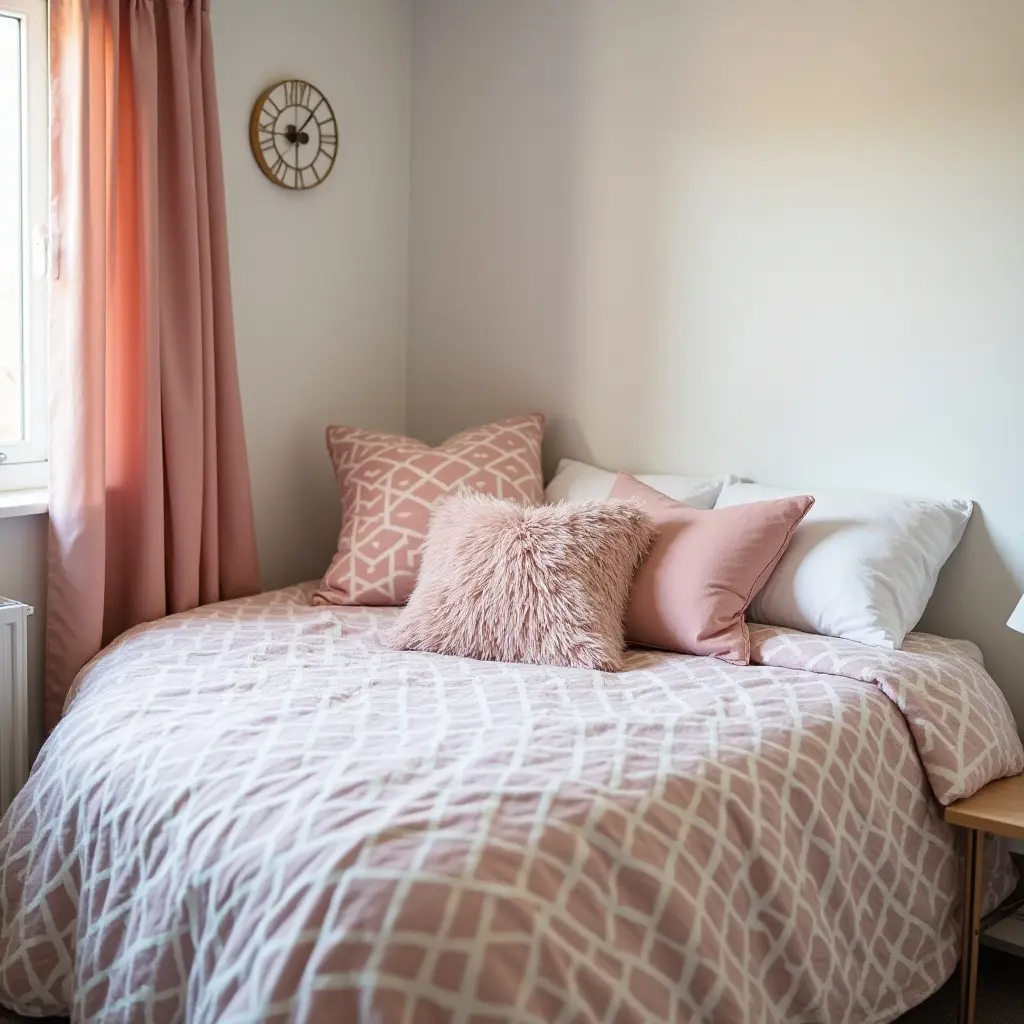 a photo of a teen bedroom with a chic bedspread and decorative throw pillows