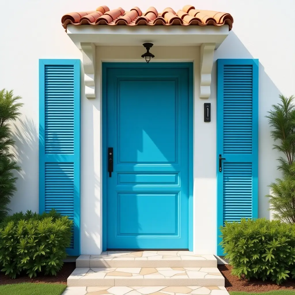 a photo of a Mediterranean-style entrance with a vibrant blue door and shutters