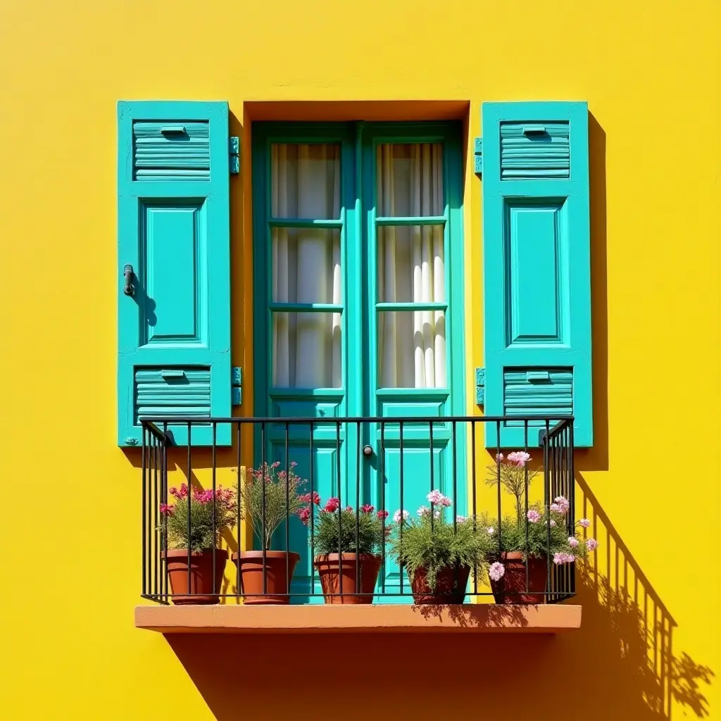 a photo of a vibrant turquoise and sunny yellow balcony with potted flowers