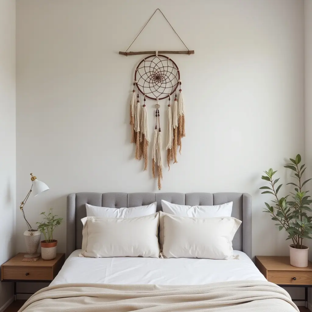 a photo of a DIY dreamcatcher hanging above a teenager's bed