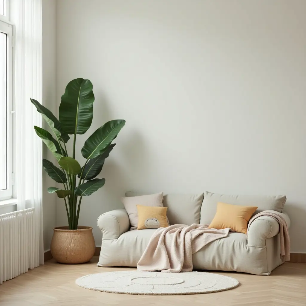 a photo of a kids' room with a large leafy plant