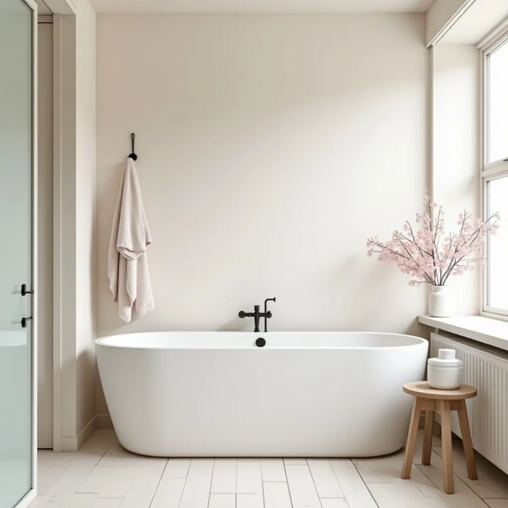 a photo of a serene Scandinavian bathroom with soft pastel colors and simple decor