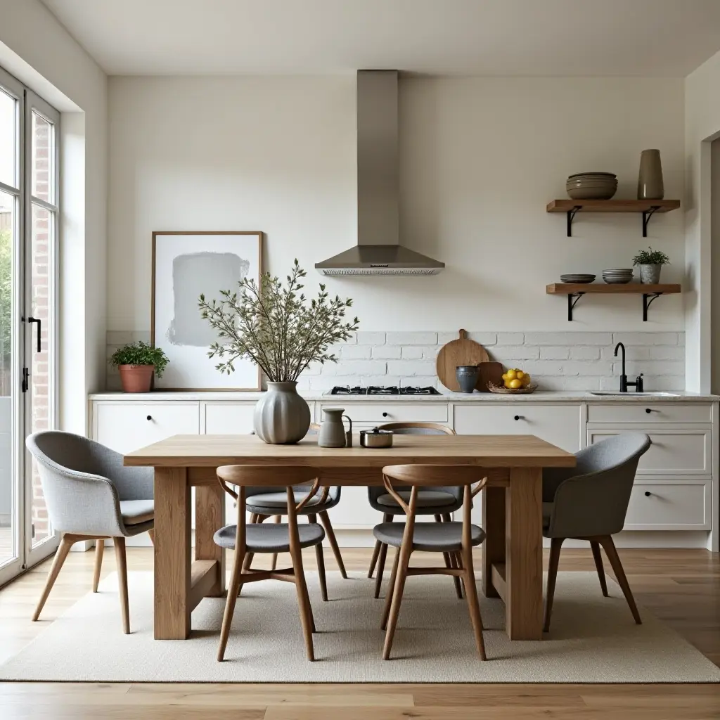 a photo of a kitchen with a distressed wooden dining table and chairs