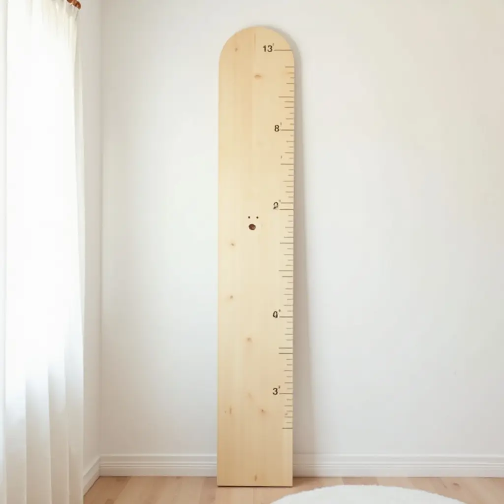 a photo of a nursery with a wooden growth chart on the wall