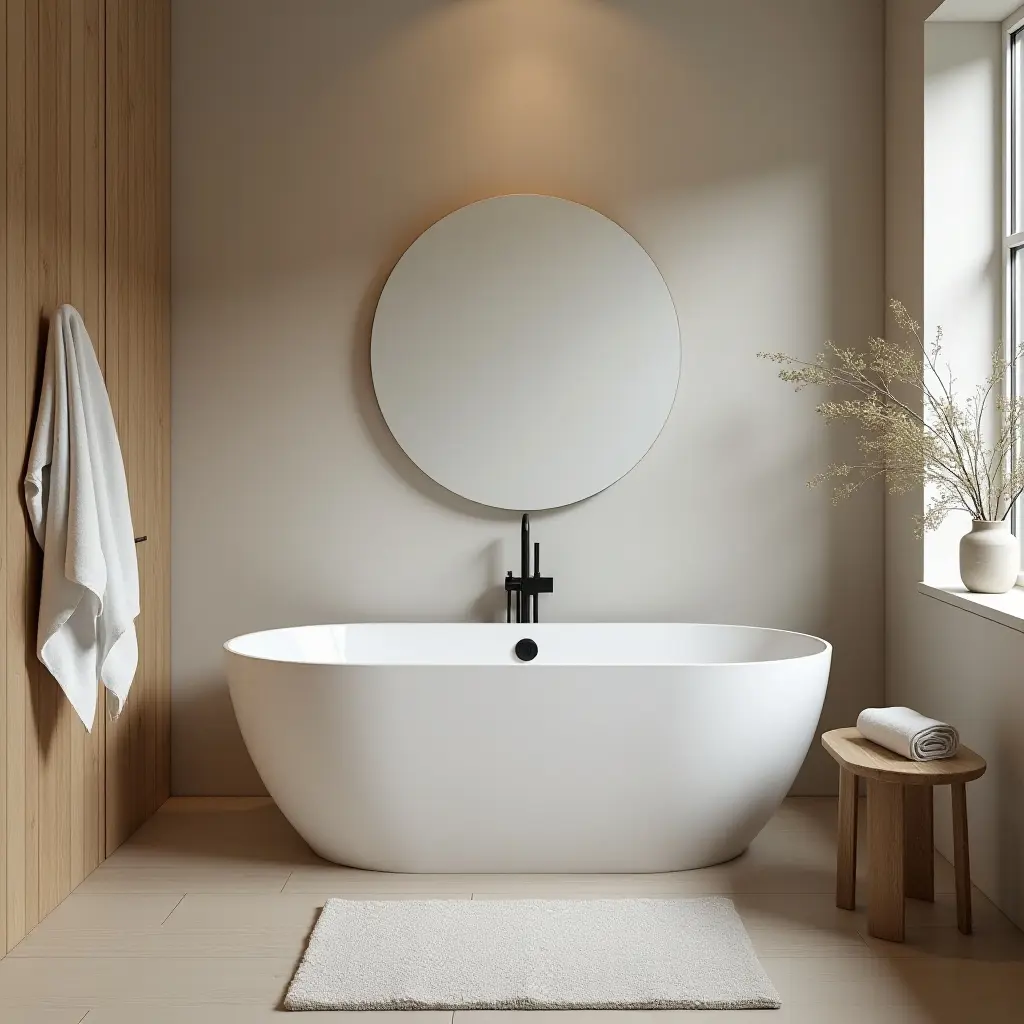 a photo of a stylish Scandinavian bathroom featuring a freestanding tub and light wood