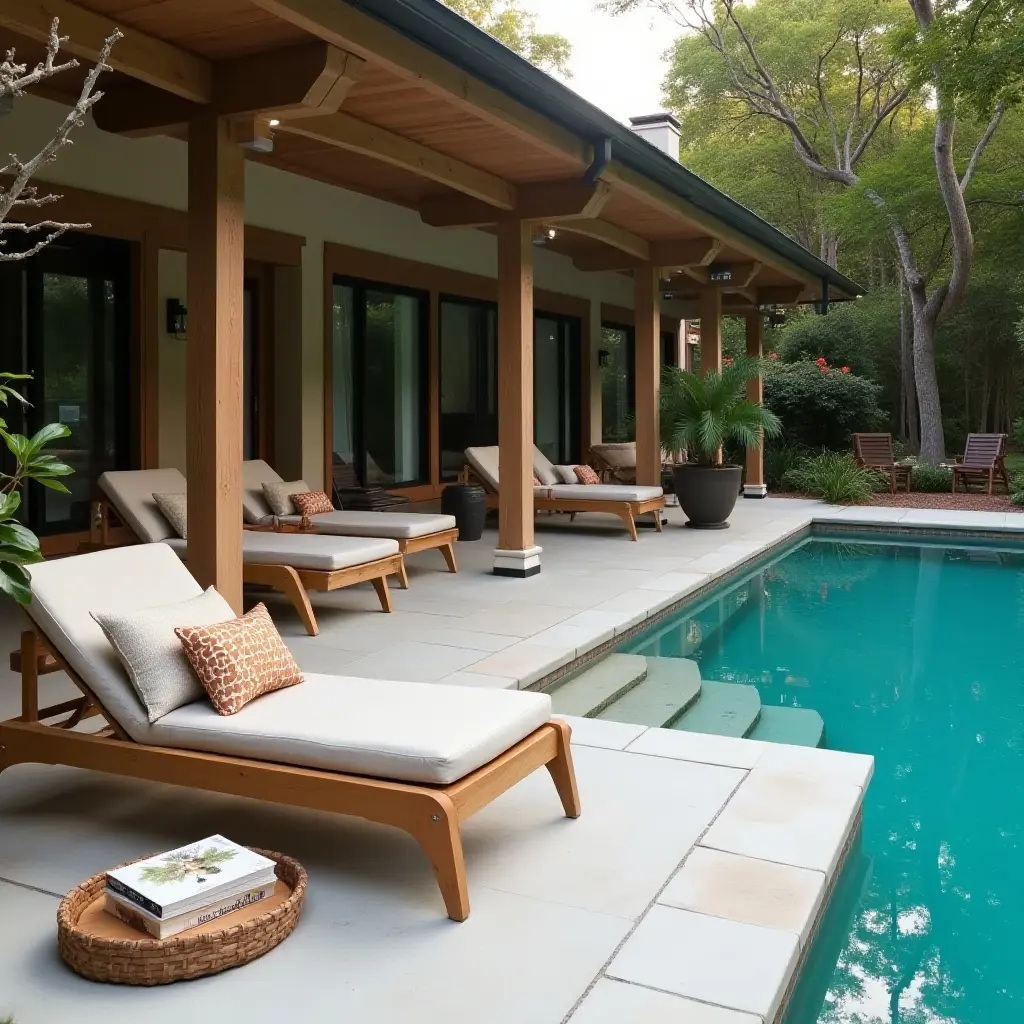 a photo of a cozy poolside reading nook with books and pillows