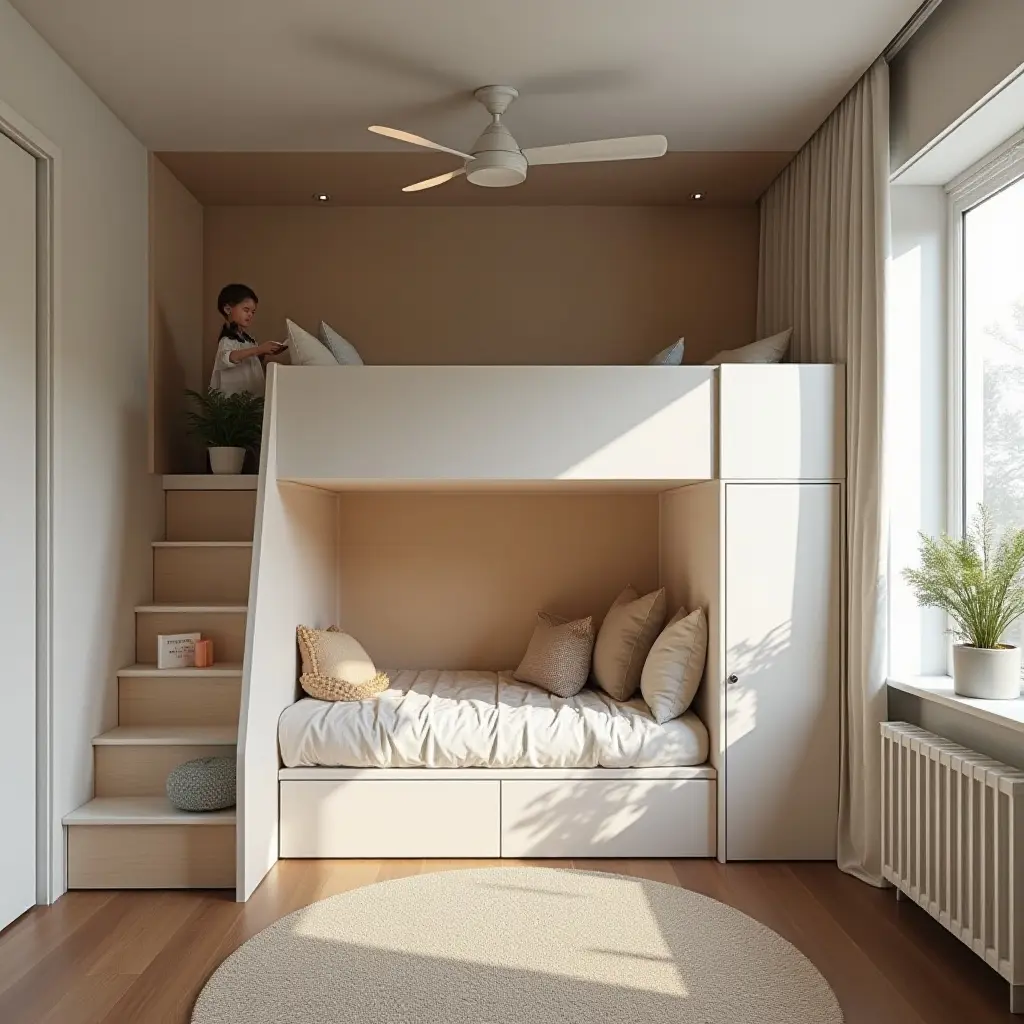 a photo of a sleek kids' bedroom featuring a loft bed and cozy reading nook
