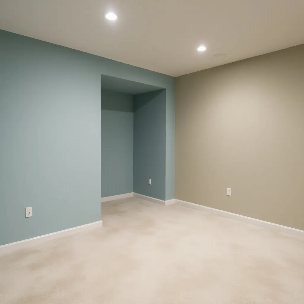 a photo of a basement with a calming palette of sky blue and sandy beige
