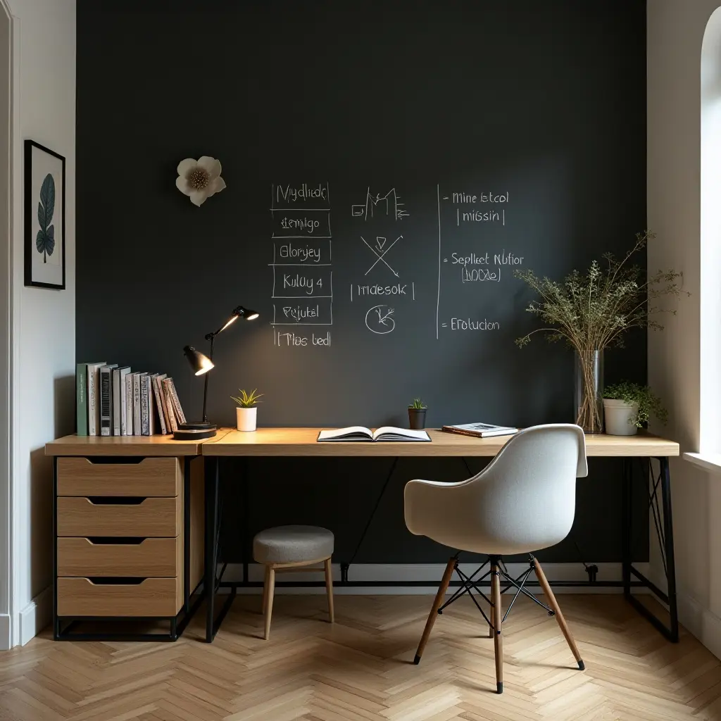 a photo of a study nook with a chalkboard wall for notes
