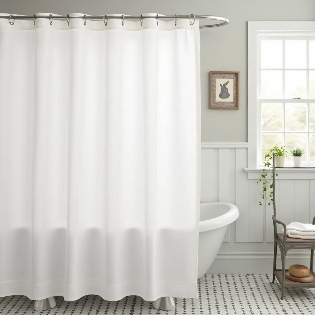 a photo of a bathroom with a farmhouse-style shower curtain and decor