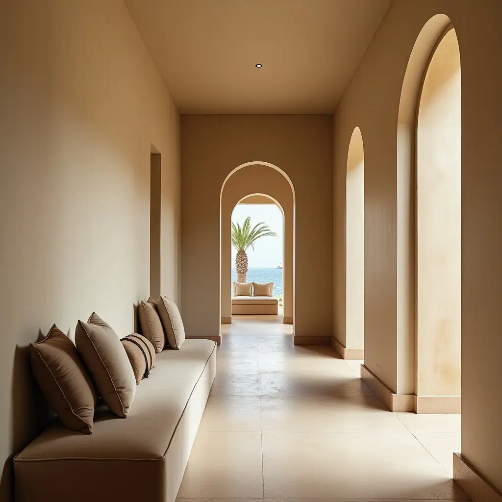 a photo of an inviting corridor with a cushioned bench and pillows
