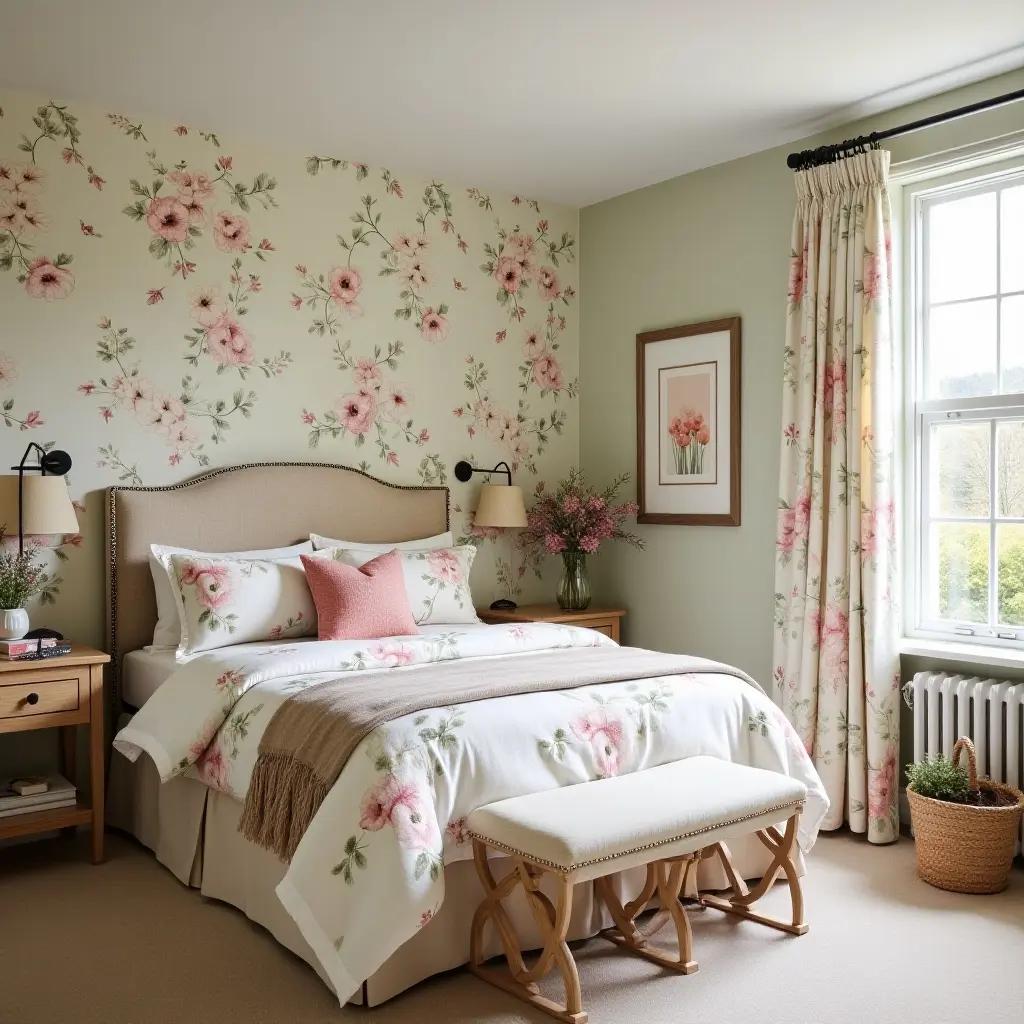 a photo of a garden-themed bedroom with floral patterns and nature elements