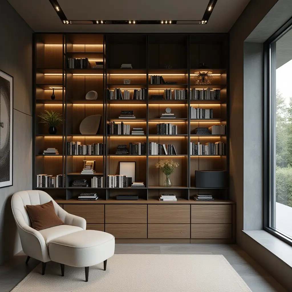 a photo of a modern library featuring minimalist metal shelves