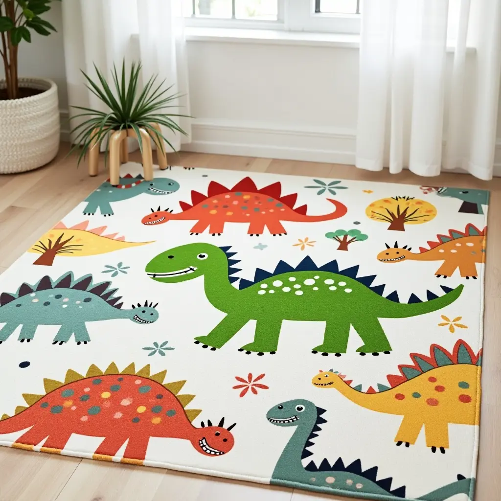a photo of a fun dinosaur-themed rug with playful colors for a child's room