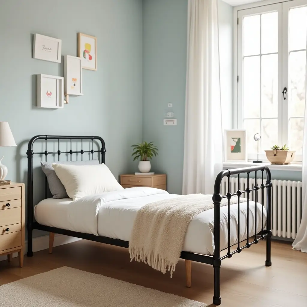 a photo of a vintage metal bed frame in a children's room