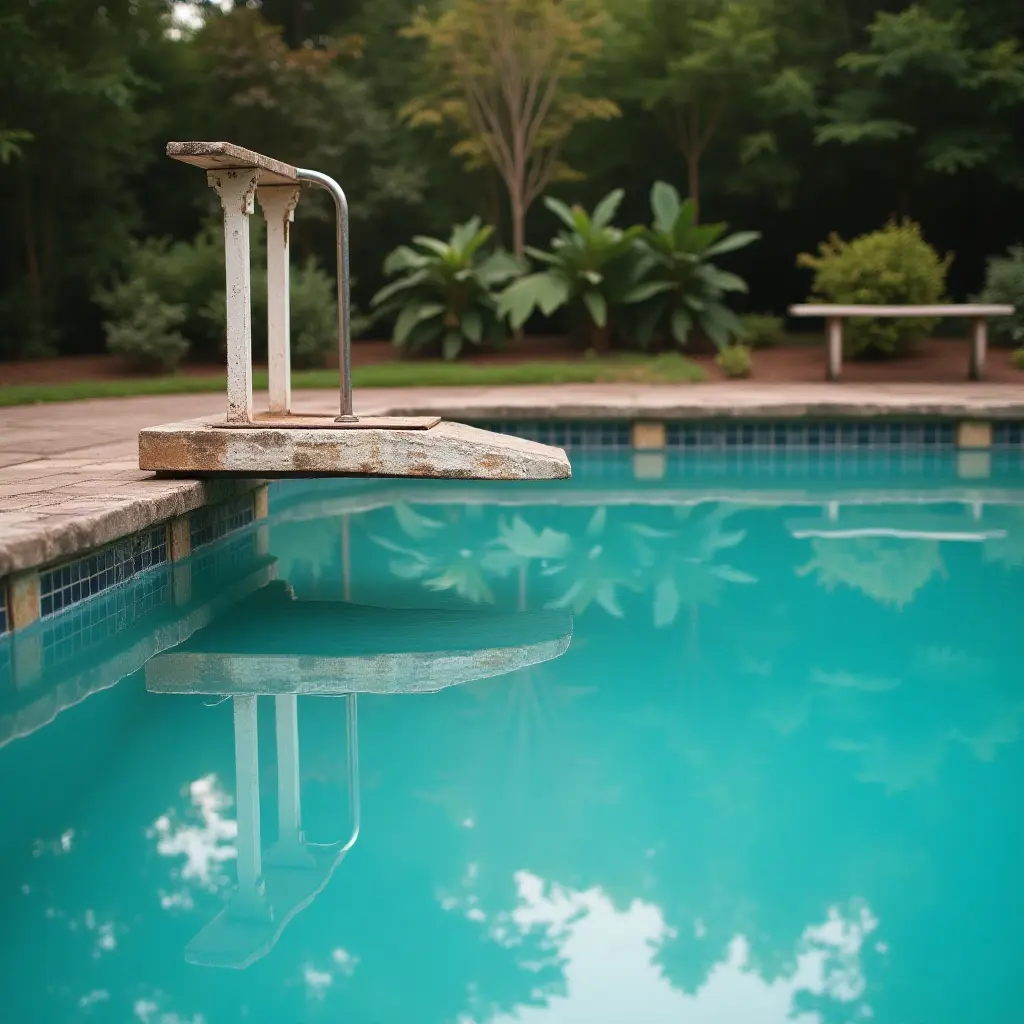 a photo of an antique diving board with a colorful pool below