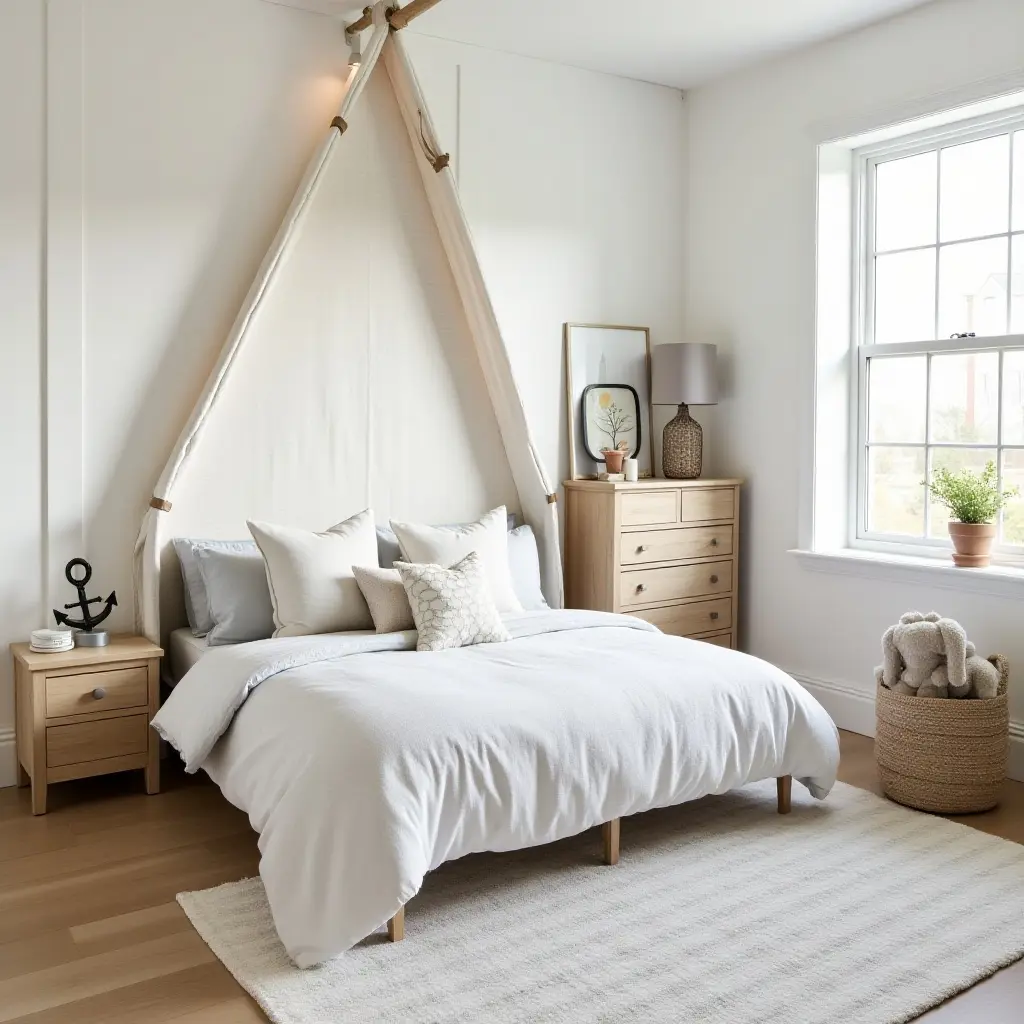 a photo of a nautical-themed kids' bedroom combining fabric sails, driftwood furniture, and metal anchors
