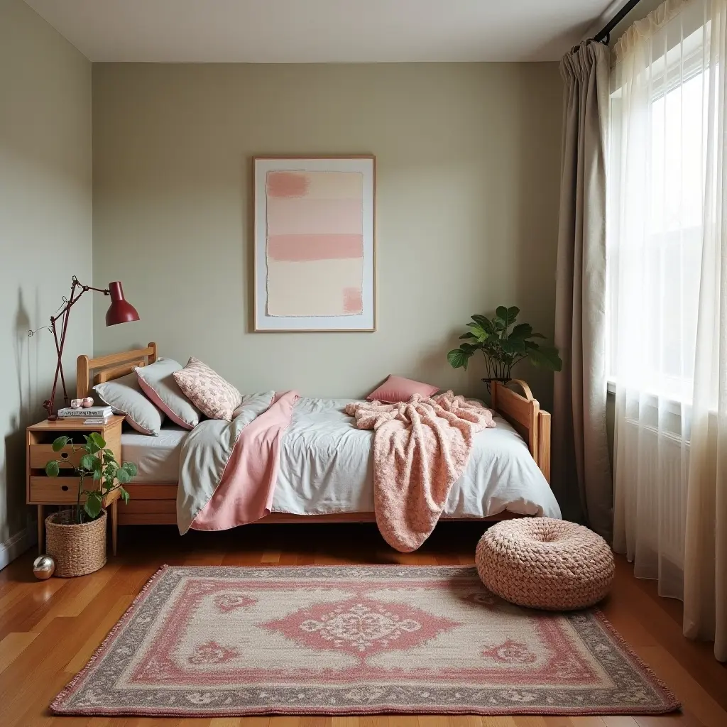 a photo of a vintage rug adding warmth to a teen's bedroom