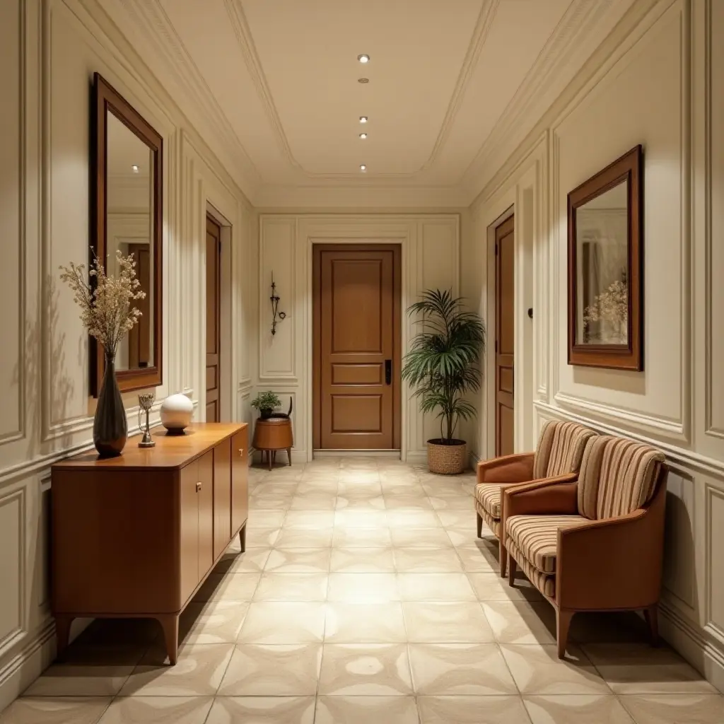 a photo of a hallway featuring vintage art deco furniture