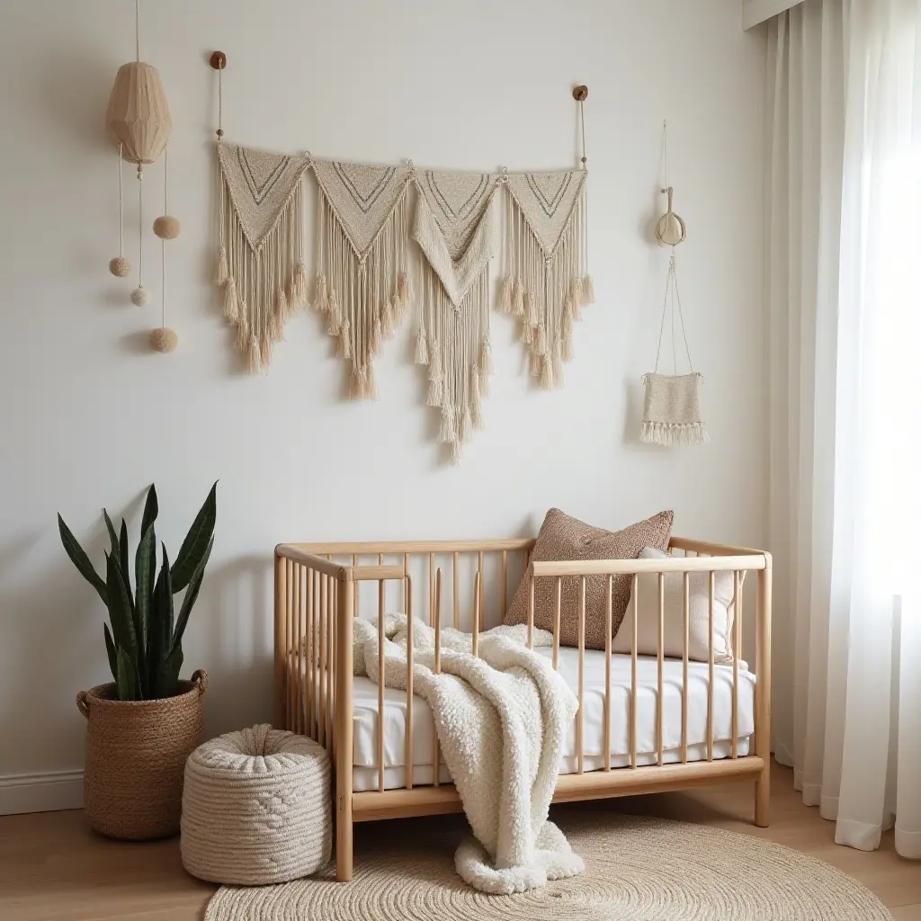 a photo of a bohemian nursery with layered textiles and hanging decor