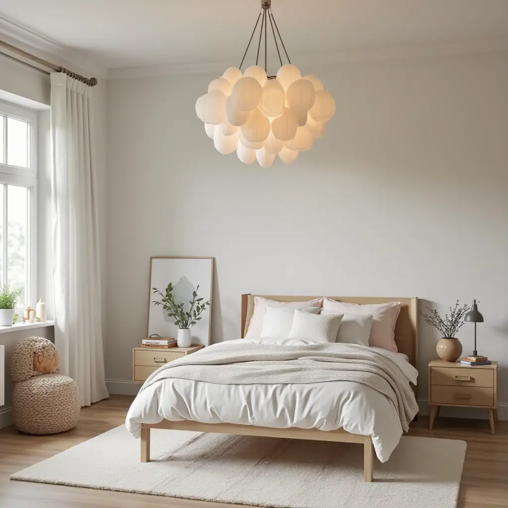 a photo of a stylish kids' bedroom with a modern chandelier