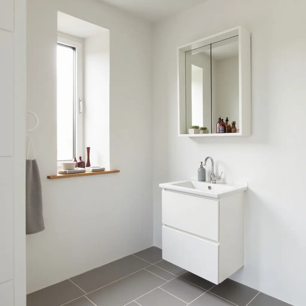 a photo of a compact Scandinavian bathroom with clever storage solutions and light colors