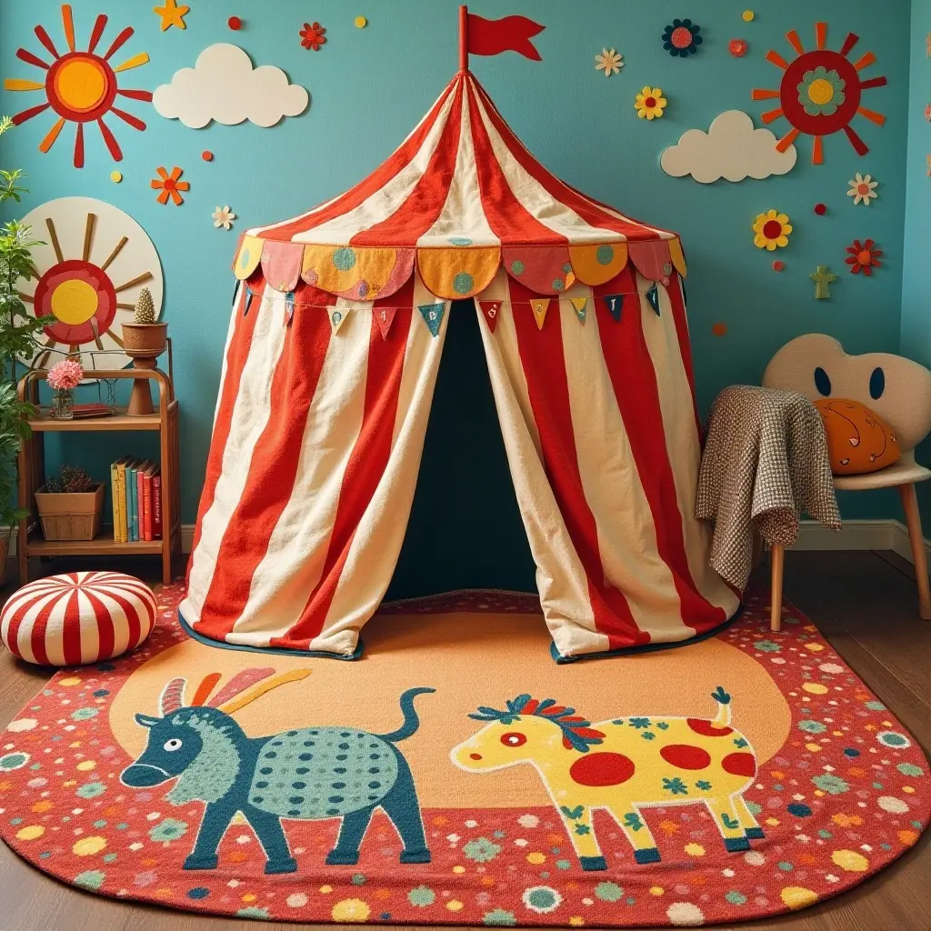 a photo of a vintage circus-themed rug with bright colors for a nursery