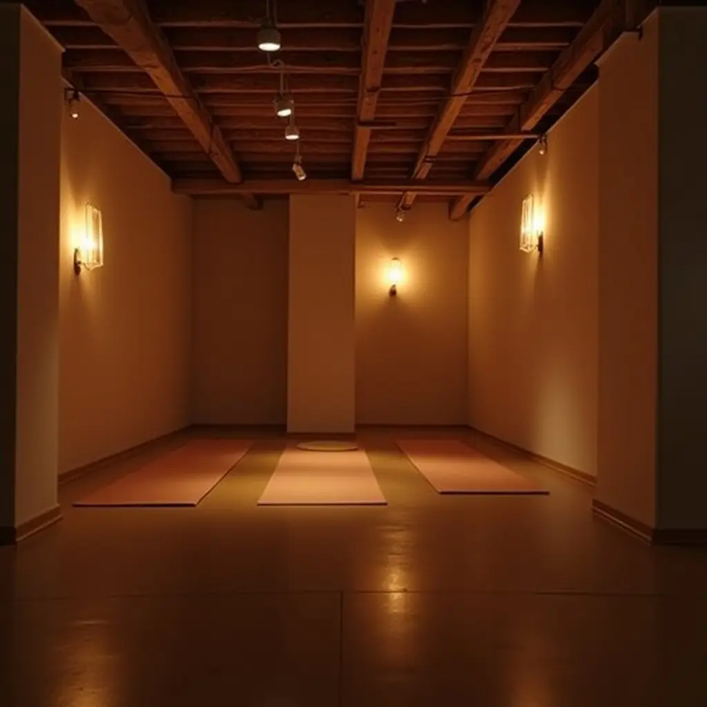 a photo of a basement yoga space with soft, calming lights