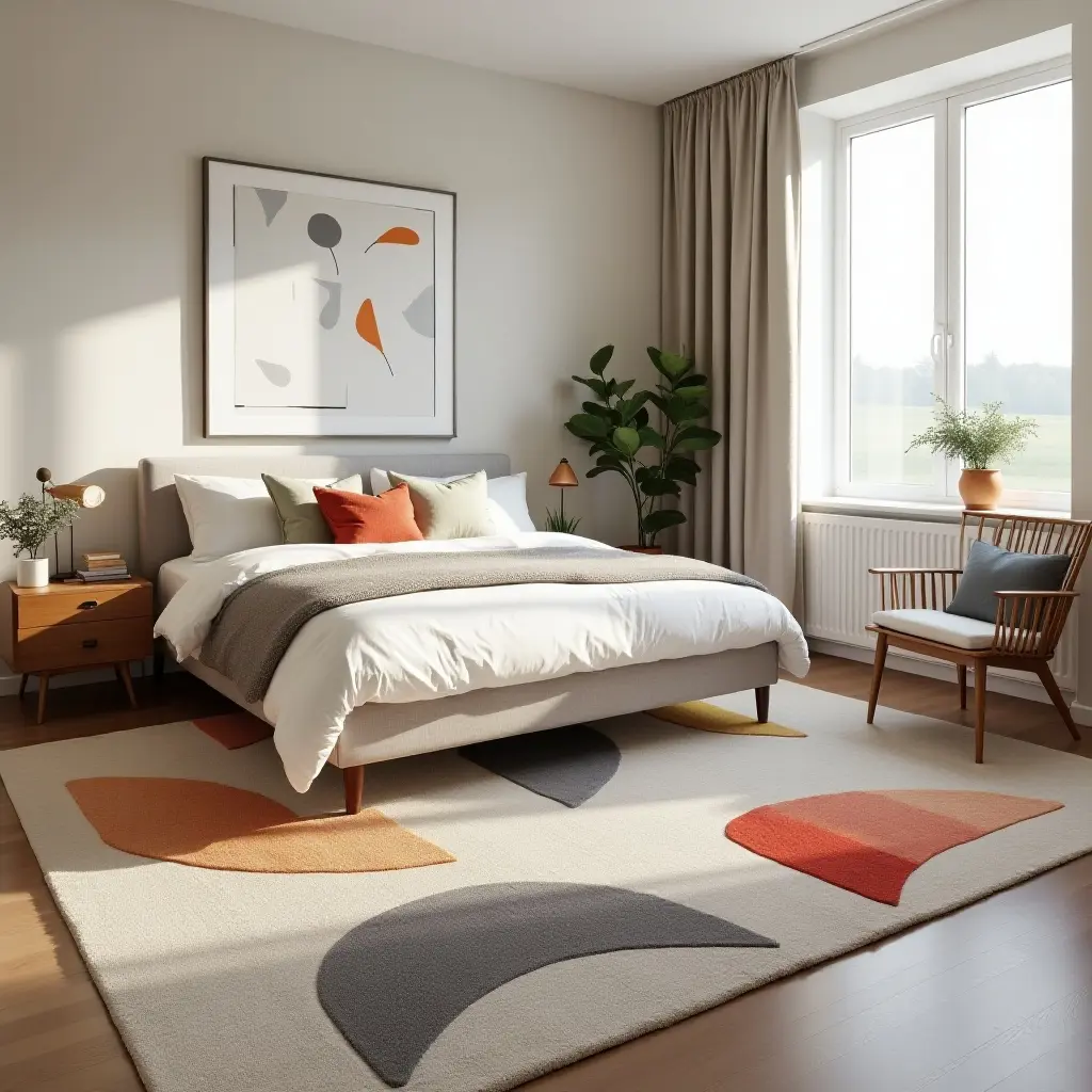 a photo of a playful rug with geometric shapes in a modern bedroom