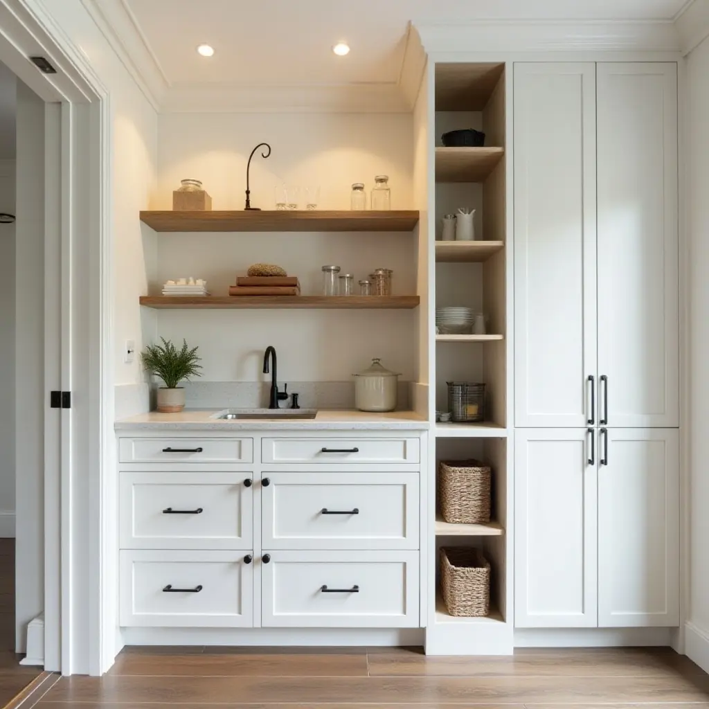 a photo of a butler's pantry showcasing smart storage solutions for small spaces