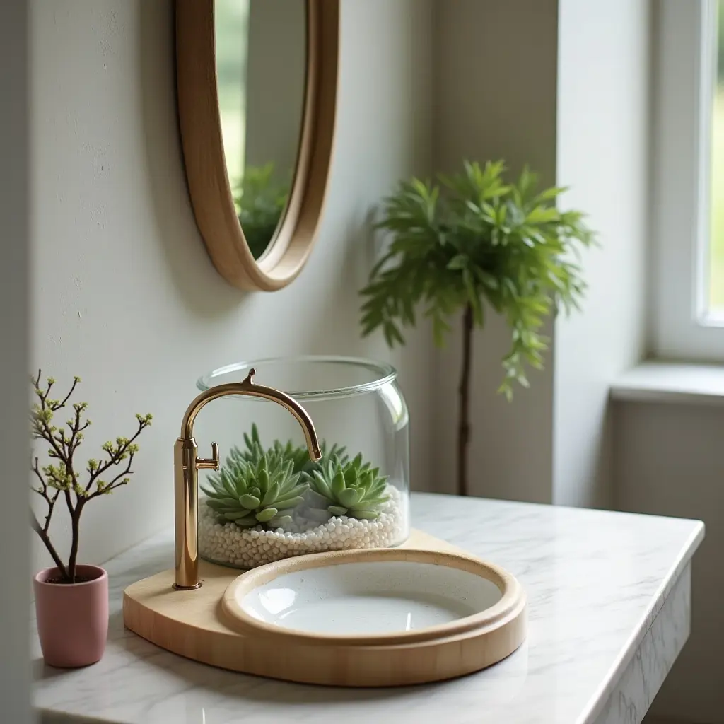 a photo of a bathroom with a succulent terrarium on the sink