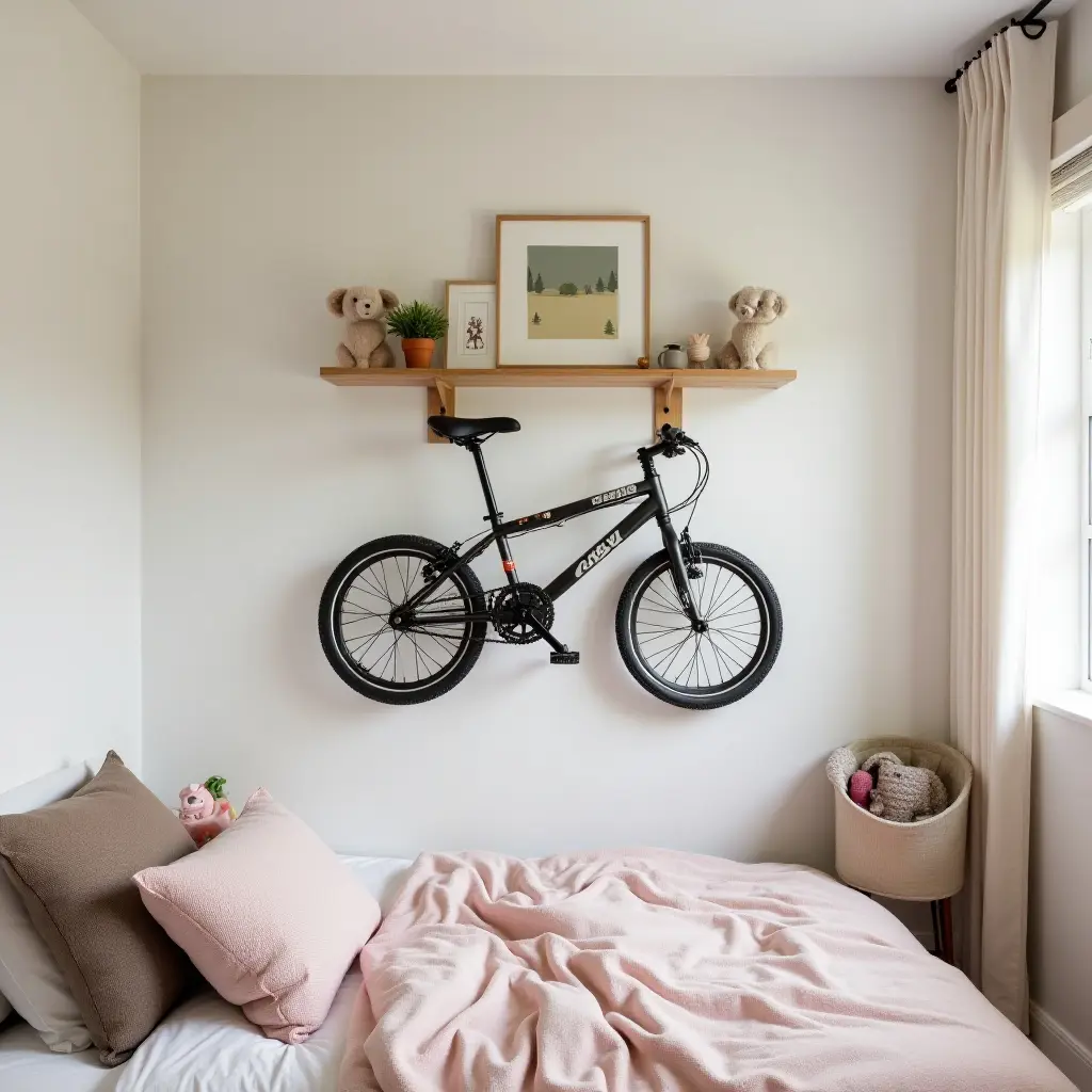 a photo of a wall-mounted bike rack in a children's bedroom