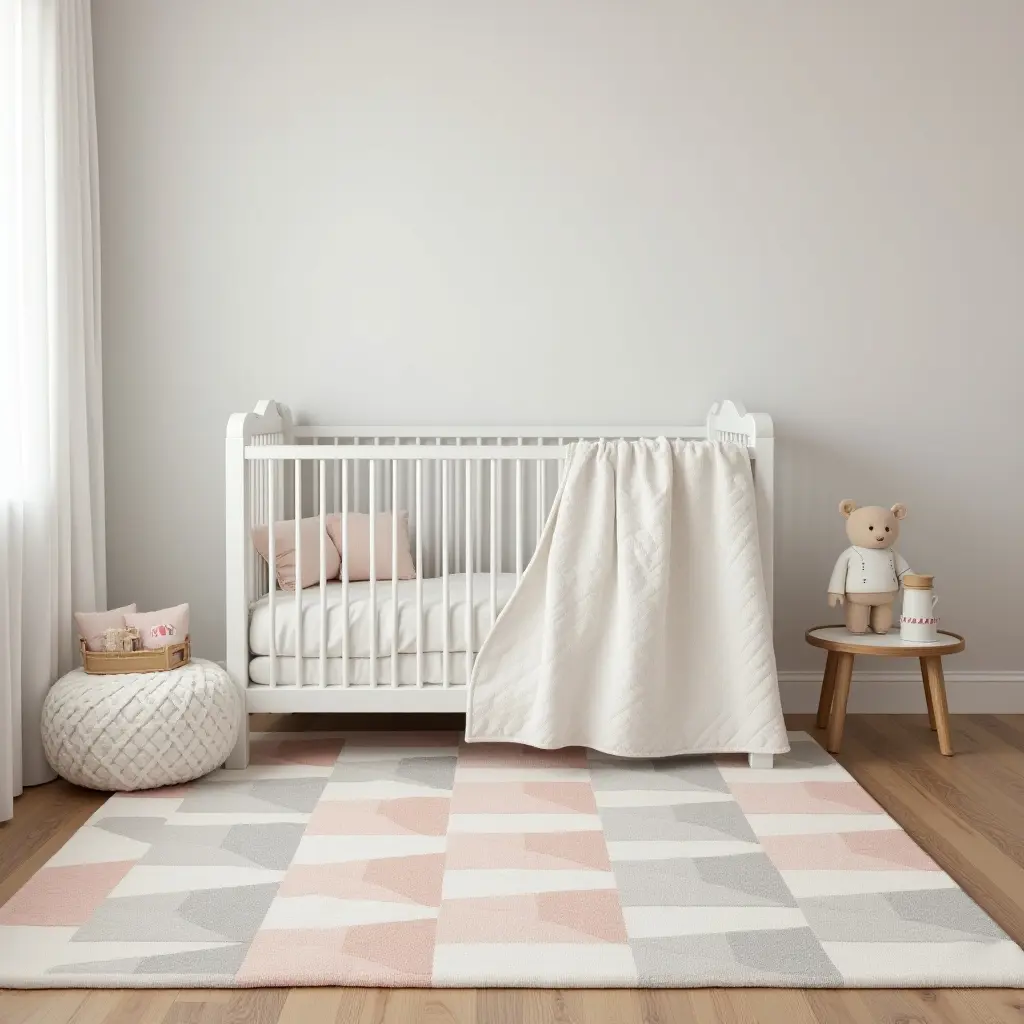a photo of a classic checkered rug in soft colors for a timeless nursery
