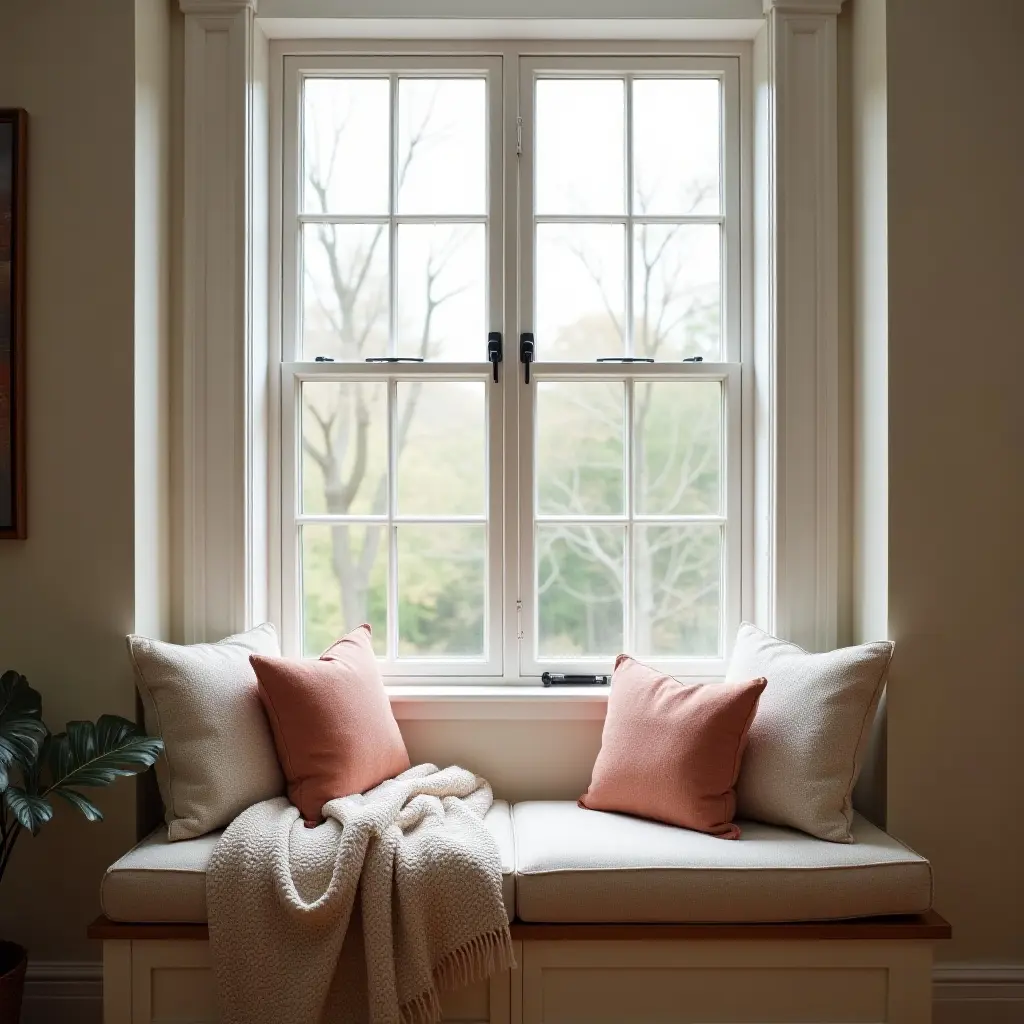 a photo of a window seat with pillows and a blanket for reading