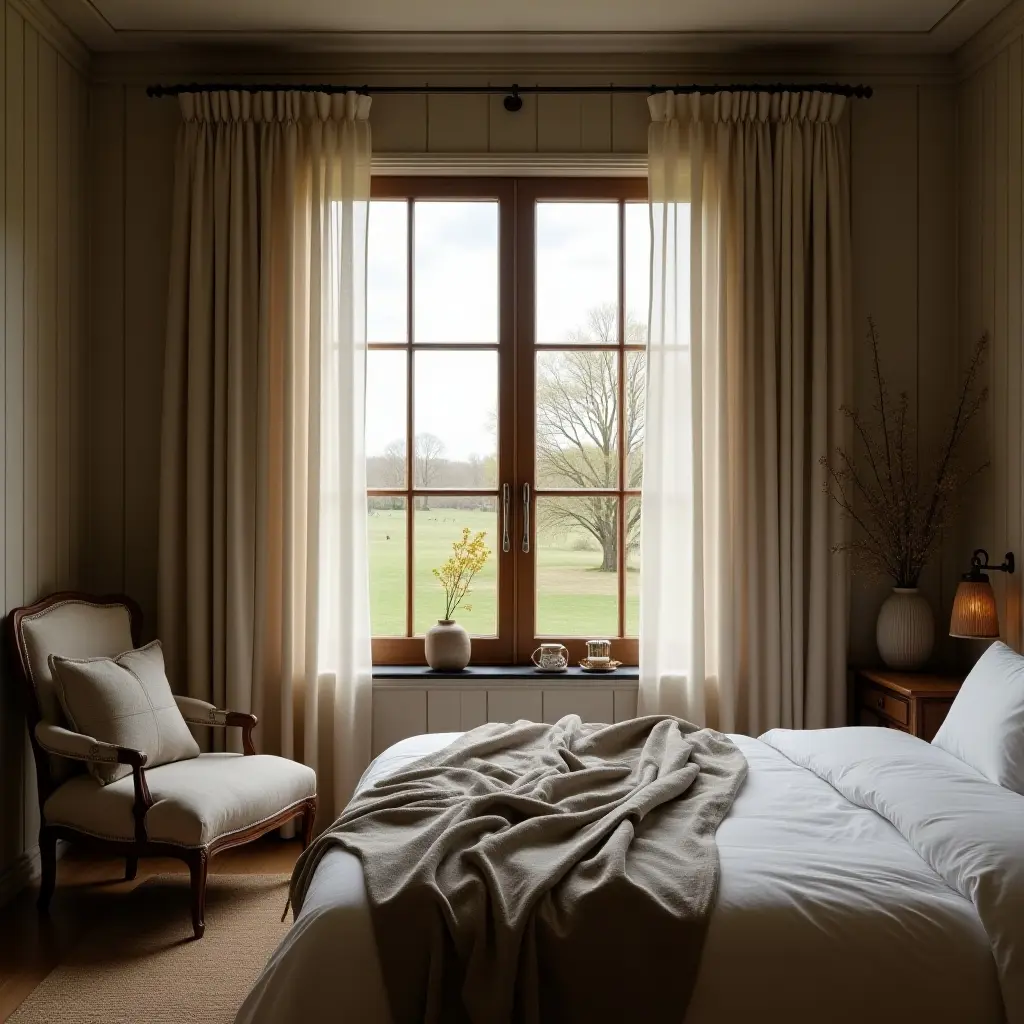 a photo of a farmhouse bedroom featuring a large window with sheer curtains and a view of nature