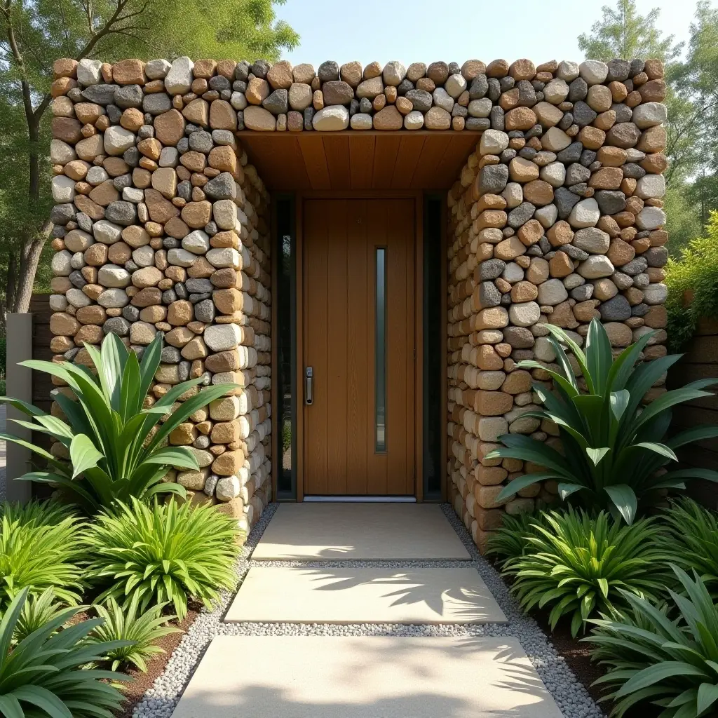 a photo of a creative garden wall with recycled materials in a sustainable entrance