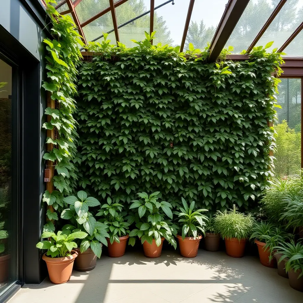 a photo of a nursery with a green wall filled with climbing plants