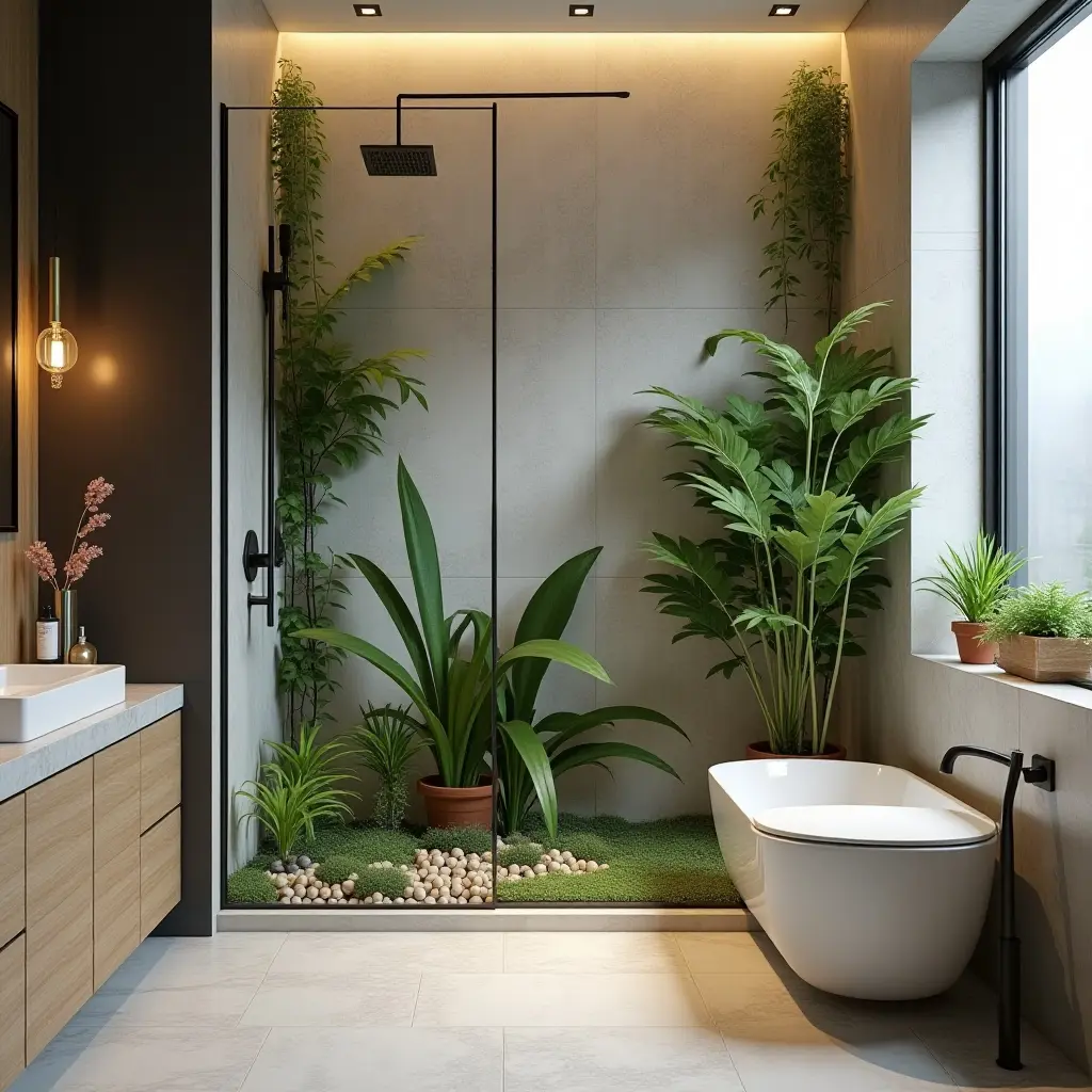 a photo of a contemporary bathroom with a plant-filled shower area