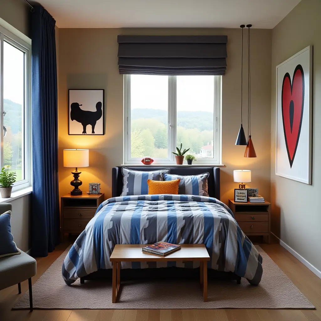 a photo of a boys' bedroom featuring sports-themed decor and accessories