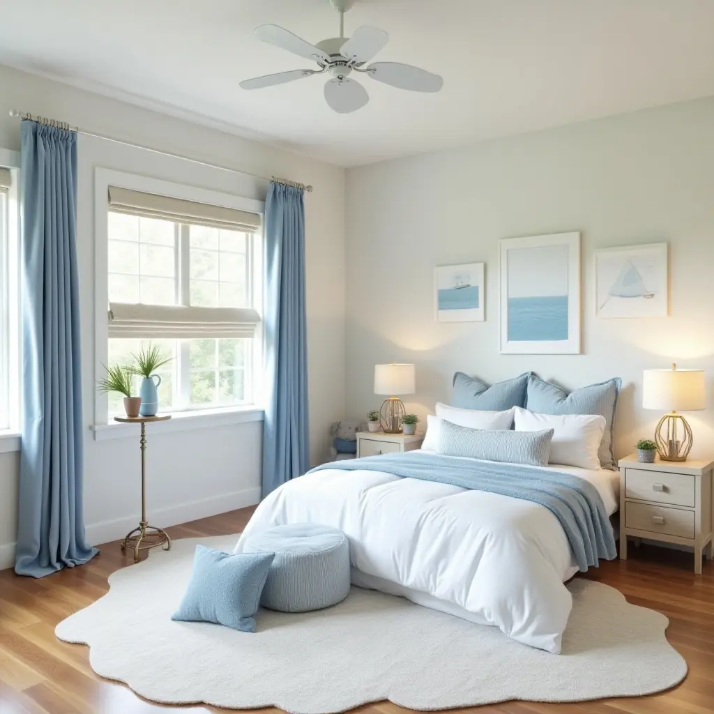 a photo of a serene blue and cream coastal-themed kids' room