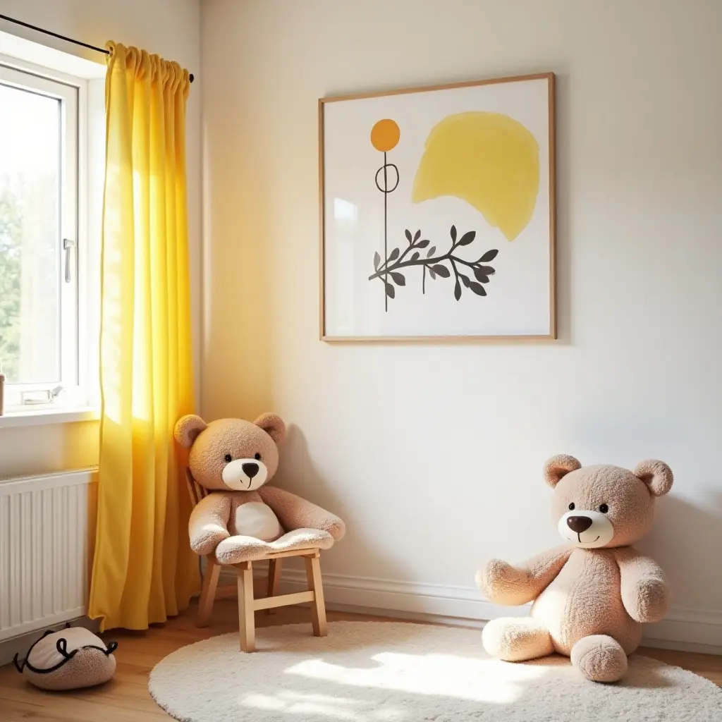a photo of a cheerful Scandinavian-style kids' room with wall art and bright curtains