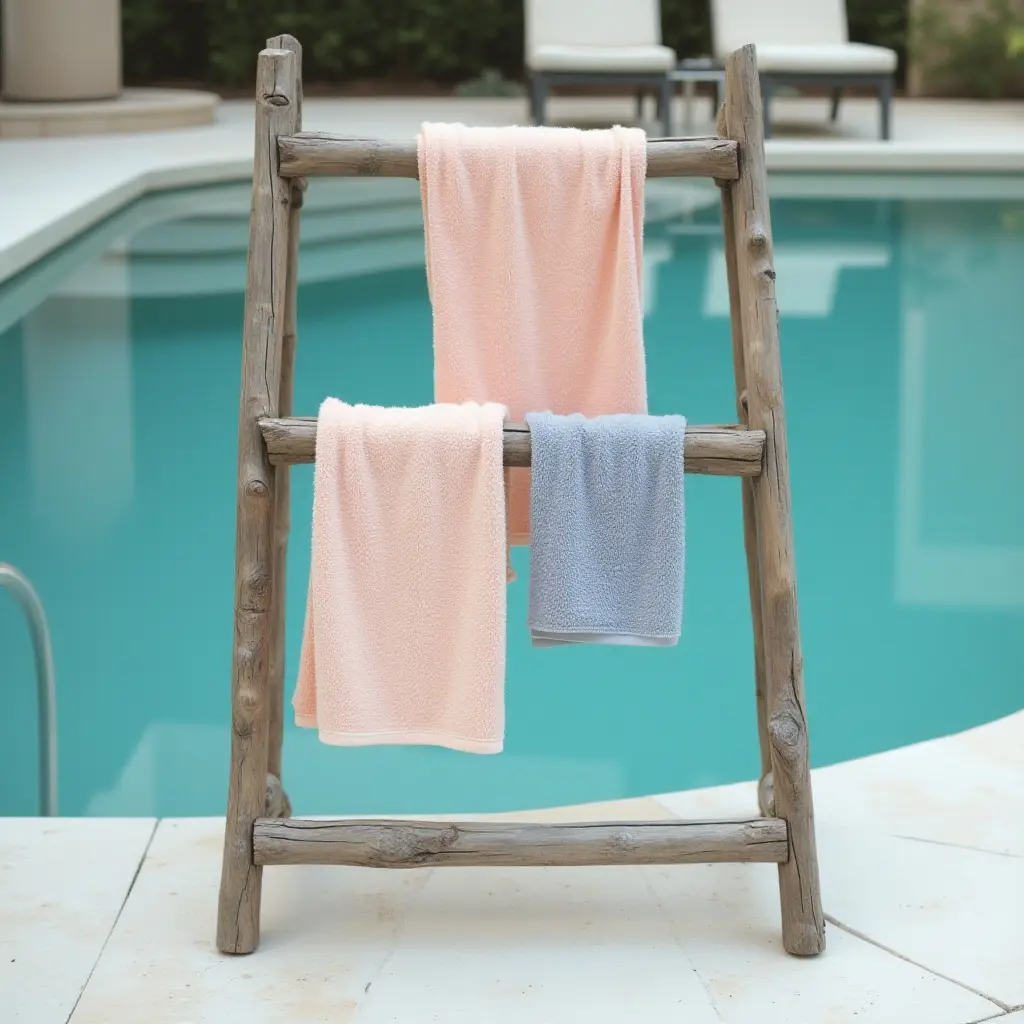 a photo of a creative ladder used for hanging pool towels