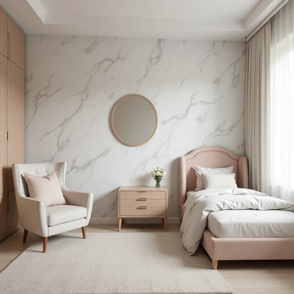 a photo of a kids' bedroom featuring marble-themed wallpaper and elegant furniture
