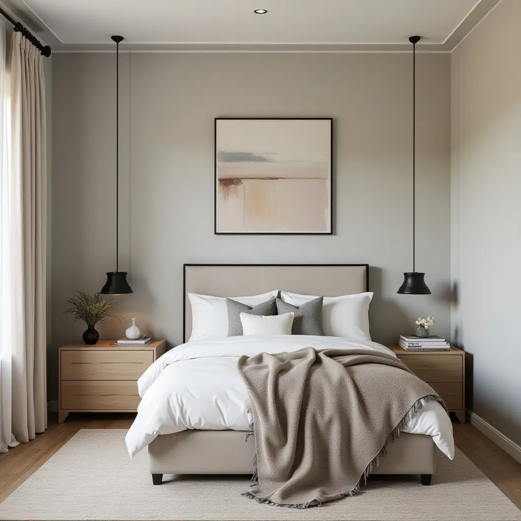 a photo of a serene teen bedroom with harmonious fabric, wood, and metal combinations